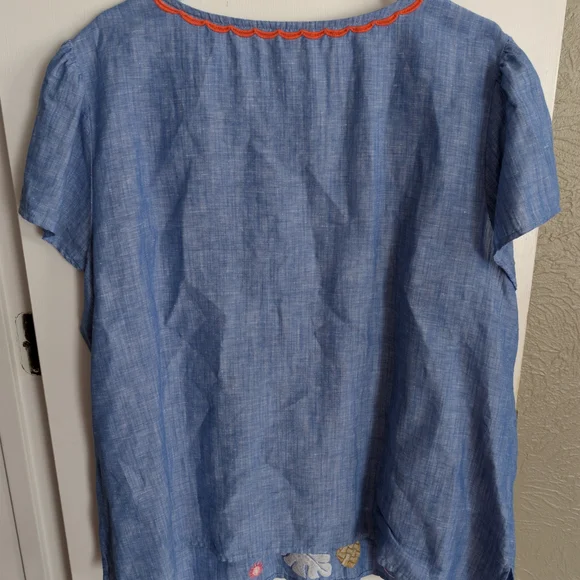 Talbots Blue Chambray Tropical  Embroidered Blouse - Picture 3 of 7